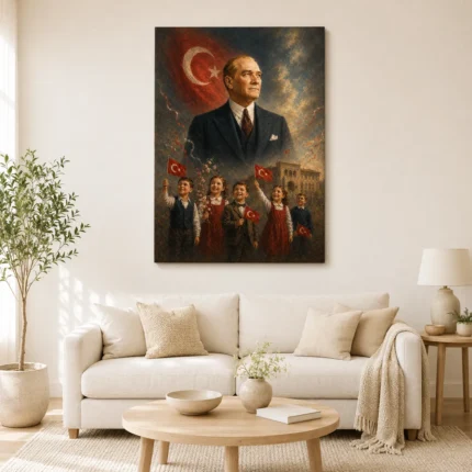 Atatürk ve Çocuklar 23 Nisan Yağlı Boya Kanvas Tablo - ürün görseli 1