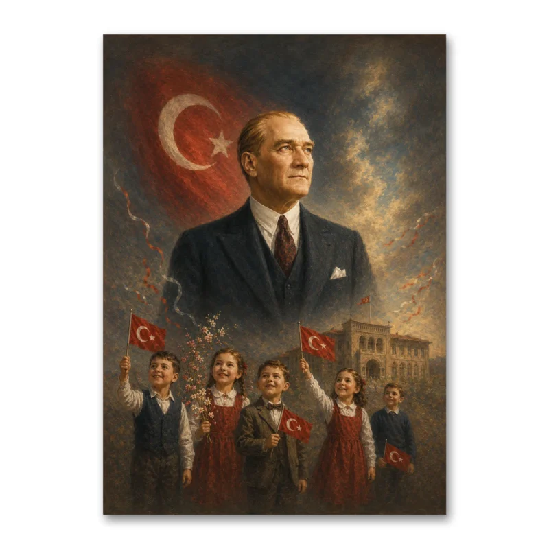 Atatürk ve Çocuklar 23 Nisan Yağlı Boya Kanvas Tablo