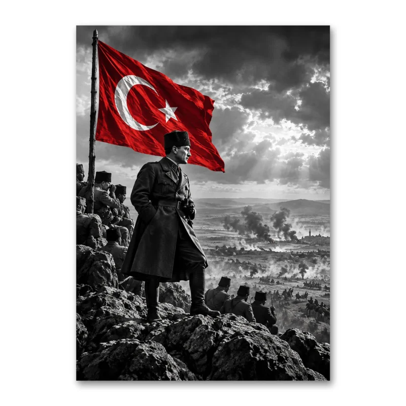Atatürk ve Türk Bayrağı Siyah Beyaz Kanvas Tablo