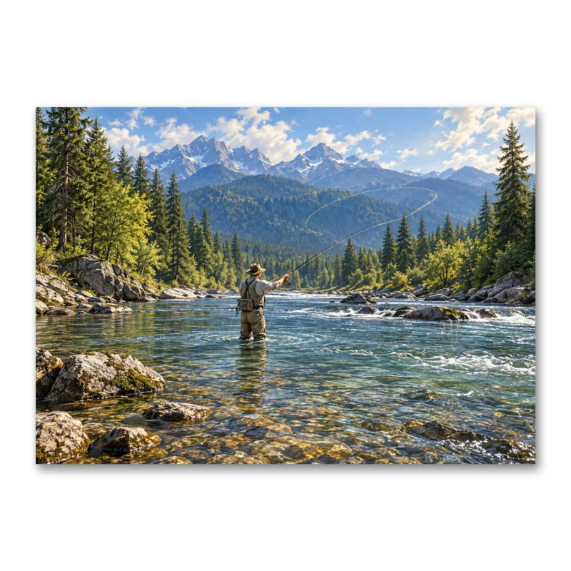 Dağ Nehrinde Fly Fishing Balıkçı Kanvas Tablo
