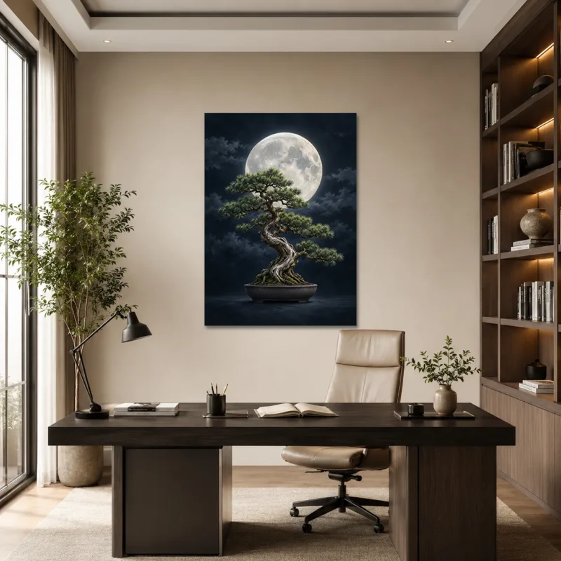 Dolunay ve Bonsai Ağacı Japon Esintili Kanvas Tablo - ürün görseli 1