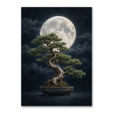 Dolunay ve Bonsai Ağacı Japon Esintili Kanvas Tablo
