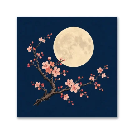 Dolunay ve Sakura Dalı Japon Esintili Kanvas Tablo
