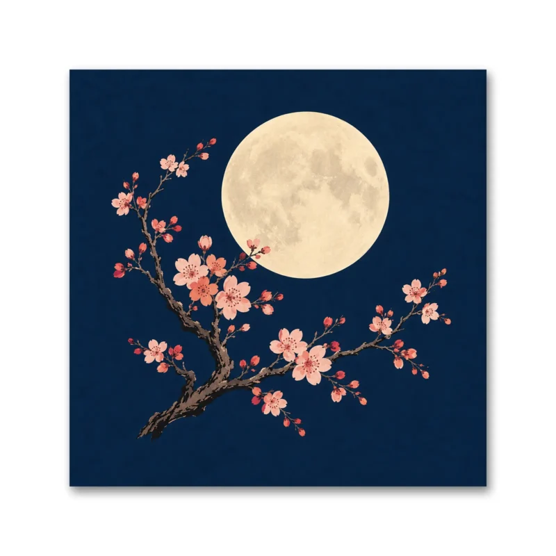 Dolunay ve Sakura Dalı Japon Esintili Kanvas Tablo
