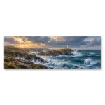 Fırtınalı Kıyıda Deniz Feneri Panoramik Kanvas Tablo