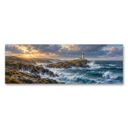 Fırtınalı Kıyıda Deniz Feneri Panoramik Kanvas Tablo