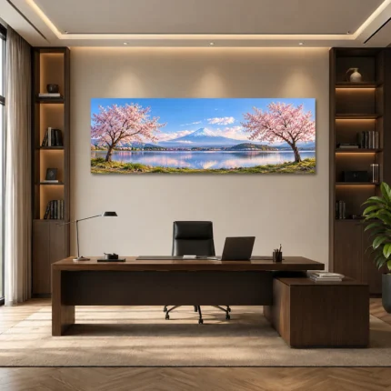 Fuji Dağı ve Sakura Çiçekleri Panoramik Kanvas Tablo - ürün görseli 1