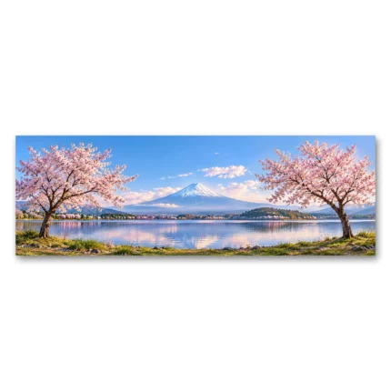 Fuji Dağı ve Sakura Çiçekleri Panoramik Kanvas Tablo