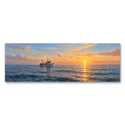 Gün Batımında Balıkçı Teknesi Panoramik Kanvas Tablo