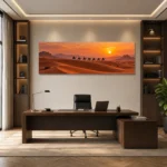 Gün Batımında Çöl Kervanı Panoramik Kanvas Tablo - ürün görseli 1
