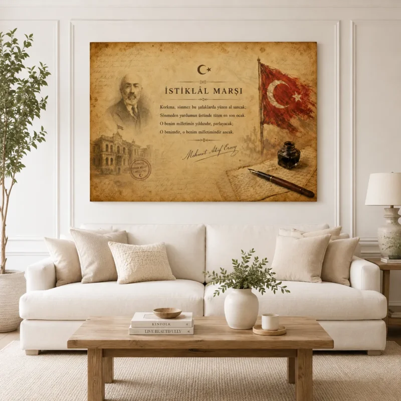 İstiklâl Marşı Mehmet Âkif Ersoy Türk Bayrağı Vintage Belge Kanvas Tablo - ürün görseli 1