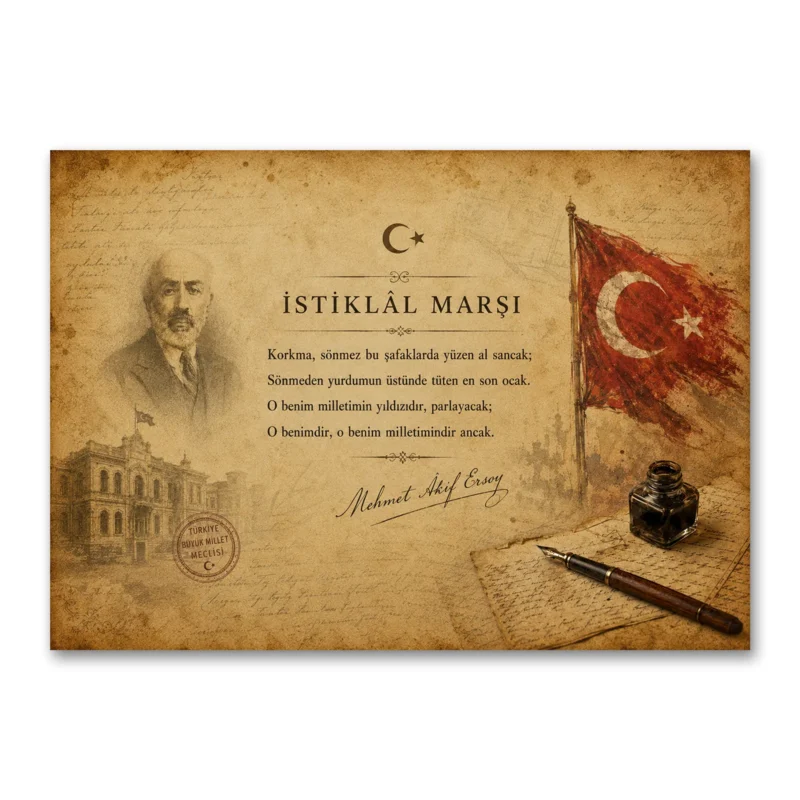 İstiklâl Marşı Mehmet Âkif Ersoy Türk Bayrağı Vintage Belge Kanvas Tablo