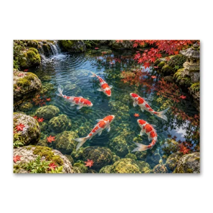 Japon Koi Bahçesi ve Akçaağaç Yaprakları Kanvas Tablo