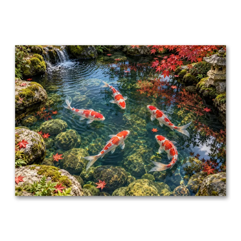 Japon Koi Bahçesi ve Akçaağaç Yaprakları Kanvas Tablo