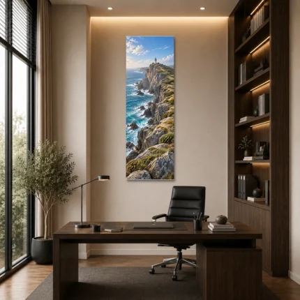 Kayalık Kıyıda Deniz Feneri Dikey Panoramik Kanvas Tablo - ürün görseli 1