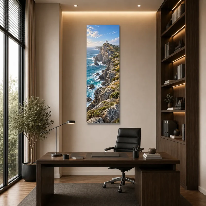 Kayalık Kıyıda Deniz Feneri Dikey Panoramik Kanvas Tablo - ürün görseli 1