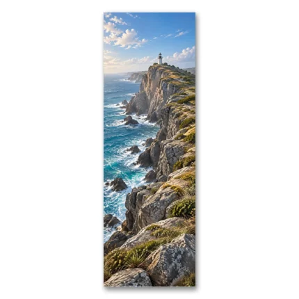 Kayalık Kıyıda Deniz Feneri Dikey Panoramik Kanvas Tablo