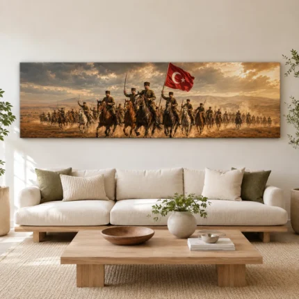 Kurtuluş Savaşı Süvari Birliği ve Türk Bayrağı Panoramik Kanvas Tablo - ürün görseli 1