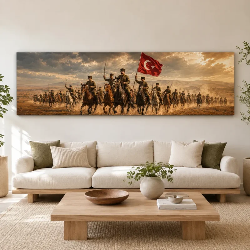 Kurtuluş Savaşı Süvari Birliği ve Türk Bayrağı Panoramik Kanvas Tablo - ürün görseli 1