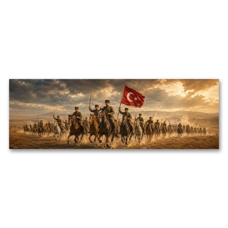 Kurtuluş Savaşı Süvari Birliği ve Türk Bayrağı Panoramik Kanvas Tablo