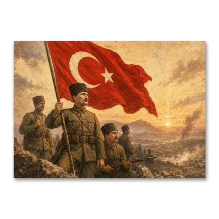 Kurtuluş Savaşı Türk Bayrağı ve Mehmetçik Tarihi Kanvas Tablo