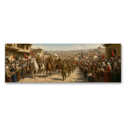 Kurtuluş Savaşı Zafer Yürüyüşü ve Halk Karşılama Panoramik Kanvas Tablo