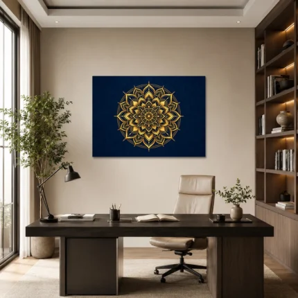 Lacivert ve Altın Lotus Mandala Kanvas Tablo - ürün görseli 1