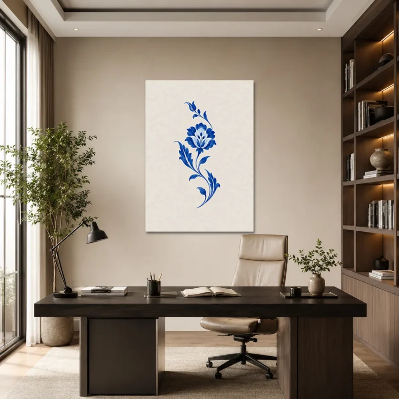 Mavi Çini Motifli Minimal Floral Kanvas Tablo - ürün görseli 1