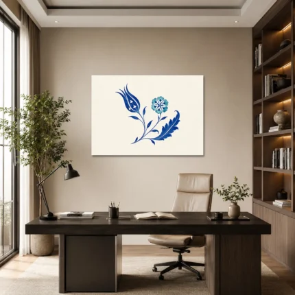 Minimal Mavi Lale ve Çiçek Motifli Çini Kanvas Tablo - ürün görseli 1