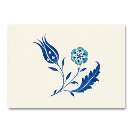 Minimal Mavi Lale ve Çiçek Motifli Çini Kanvas Tablo