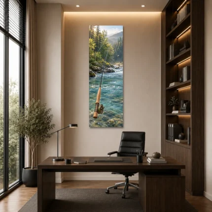 Nehirde Fly Fishing Olta Dikey Panoramik Kanvas Tablo - ürün görseli 1