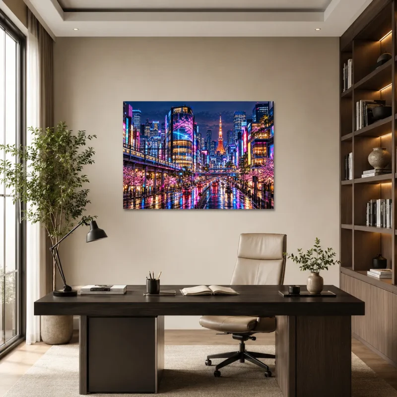 Neon Tokyo Gecesi ve Sakura Kanvas Tablo - ürün görseli 1