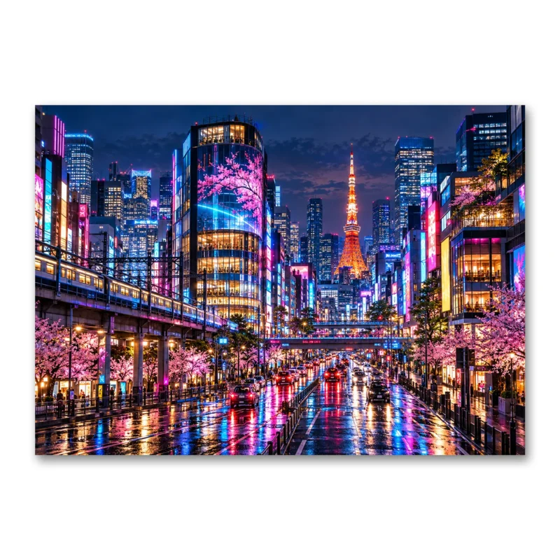 Neon Tokyo Gecesi ve Sakura Kanvas Tablo