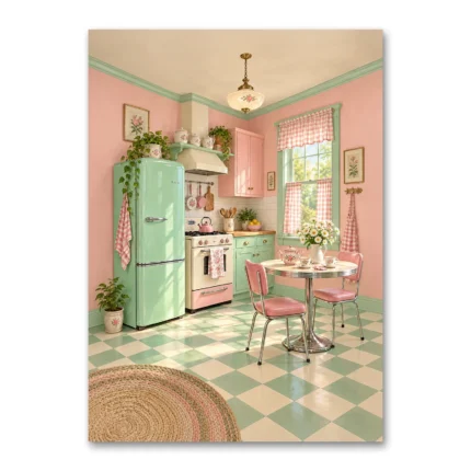 Pastel 1950'ler Retro Mutfak Kanvas Tablo