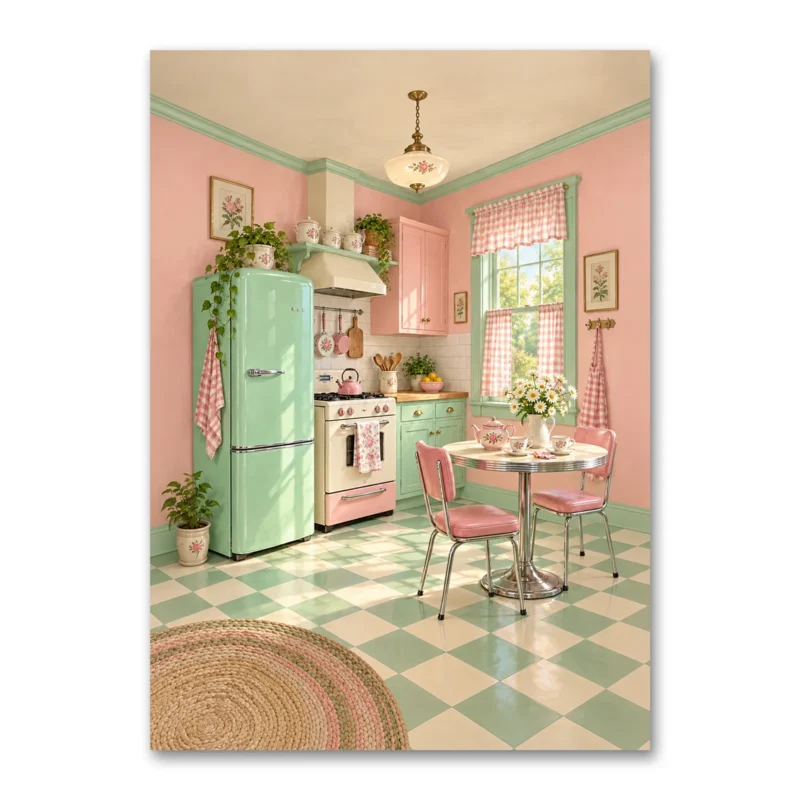 Pastel 1950'ler Retro Mutfak Kanvas Tablo