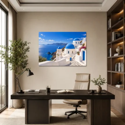 Santorini Mavi Kubbeler ve Ege Denizi Kanvas Tablo - ürün görseli 1