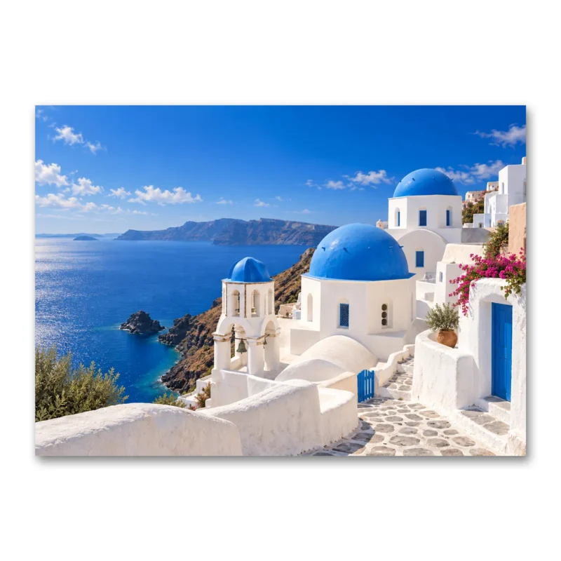 Santorini Mavi Kubbeler ve Ege Denizi Kanvas Tablo