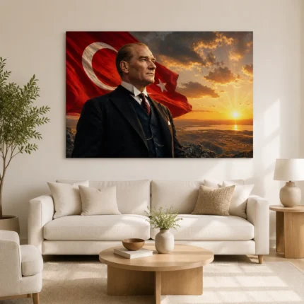 Türk Bayrağı Önünde Atatürk ve Gün Doğumu Kanvas Tablo - ürün görseli 1