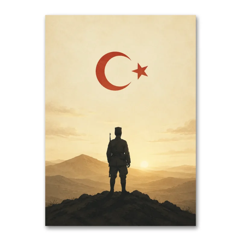 Türk Bayrağı ve Mehmetçik Silüeti Minimalist Kurtuluş Savaşı Kanvas Tablo