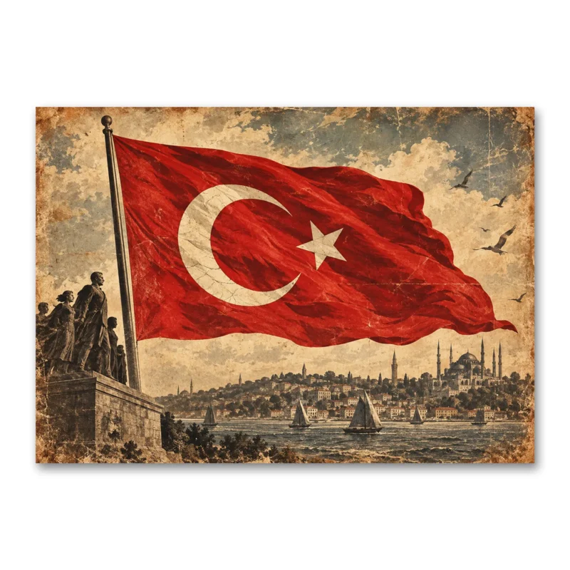 Vintage İstanbul ve Türk Bayrağı Kanvas Tablo