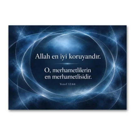 Allah En İyi Koruyandır Yusuf Suresi 64. Ayet Lacivert Işık Halkaları Yatay Kanvas Tablo