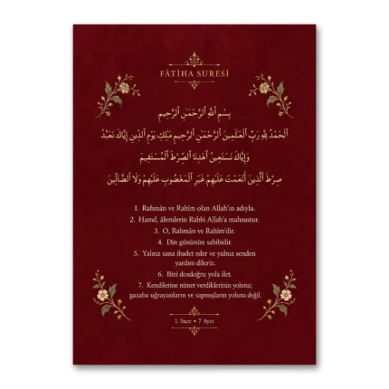 Bordo Altın Çiçekli Fatiha Suresi Kanvas Tablo