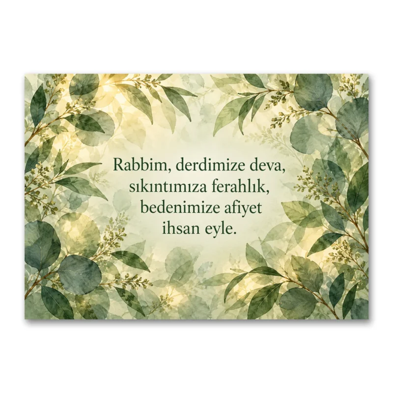 Derdimize Deva – Şifa Duası Yazılı Botanik Yatay Kanvas Tablo