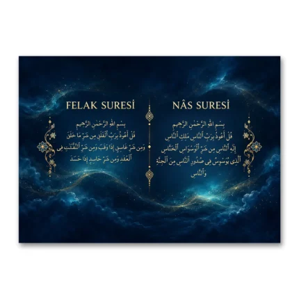 Felak ve Nâs Sureleri – Gece Mavisi ve Altın Detaylı Kanvas Tablo