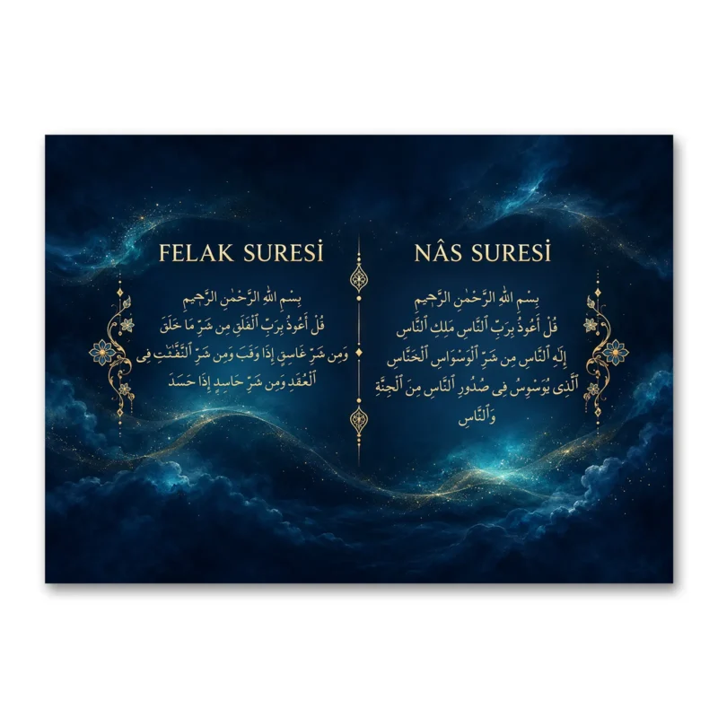 Felak ve Nâs Sureleri – Gece Mavisi ve Altın Detaylı Kanvas Tablo