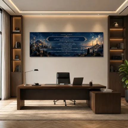 Gece Mavisi İstanbul Camileri Fatiha Suresi Panoramik Kanvas Tablo - ürün görseli 1