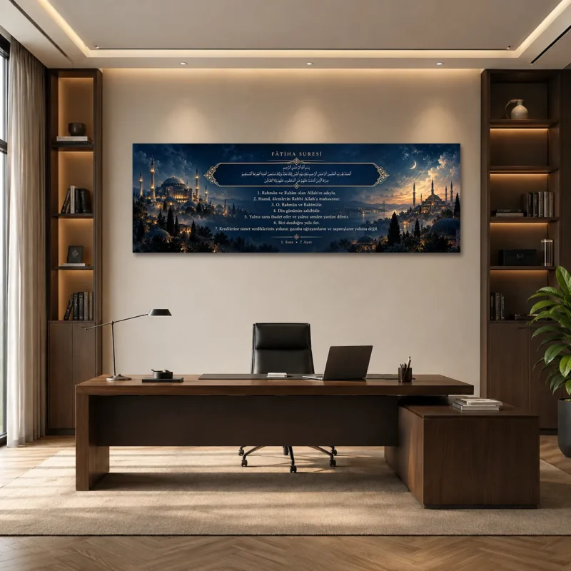 Gece Mavisi İstanbul Camileri Fatiha Suresi Panoramik Kanvas Tablo - ürün görseli 1