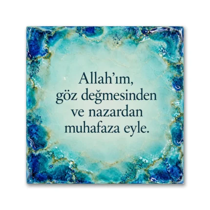 Göz Değmesinden ve Nazardan Korunma Duası Turkuaz Akik Desenli Kare Kanvas Tablo