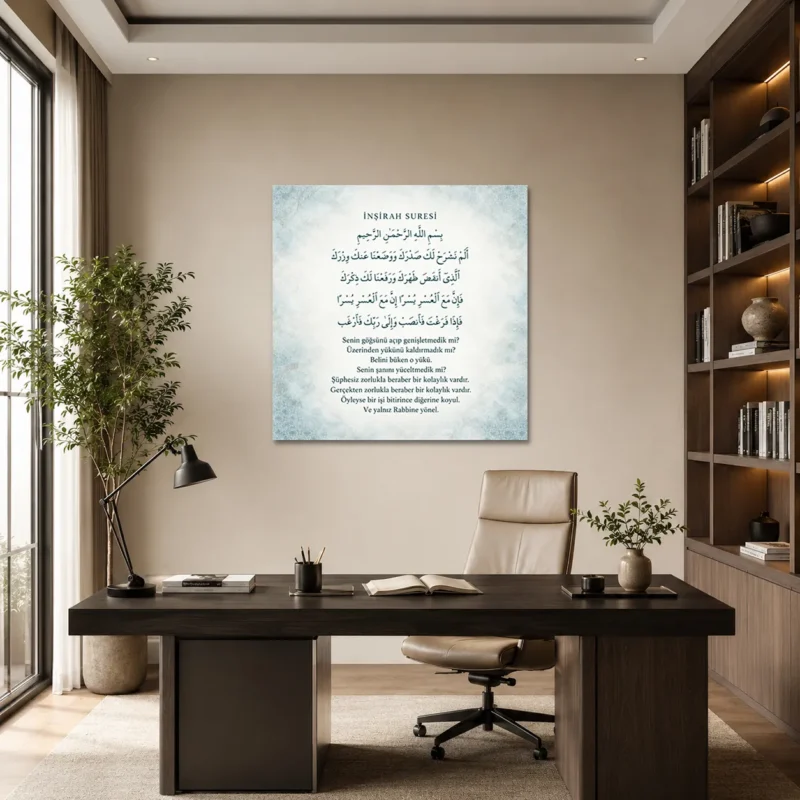 İnşirah Suresi Buz Mavisi Minimal Desenli Kare Kanvas Tablo - ürün görseli 1