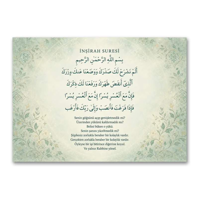 İnşirah Suresi Kanvas Tablo – Mint Yeşili Çiçekli Huzur